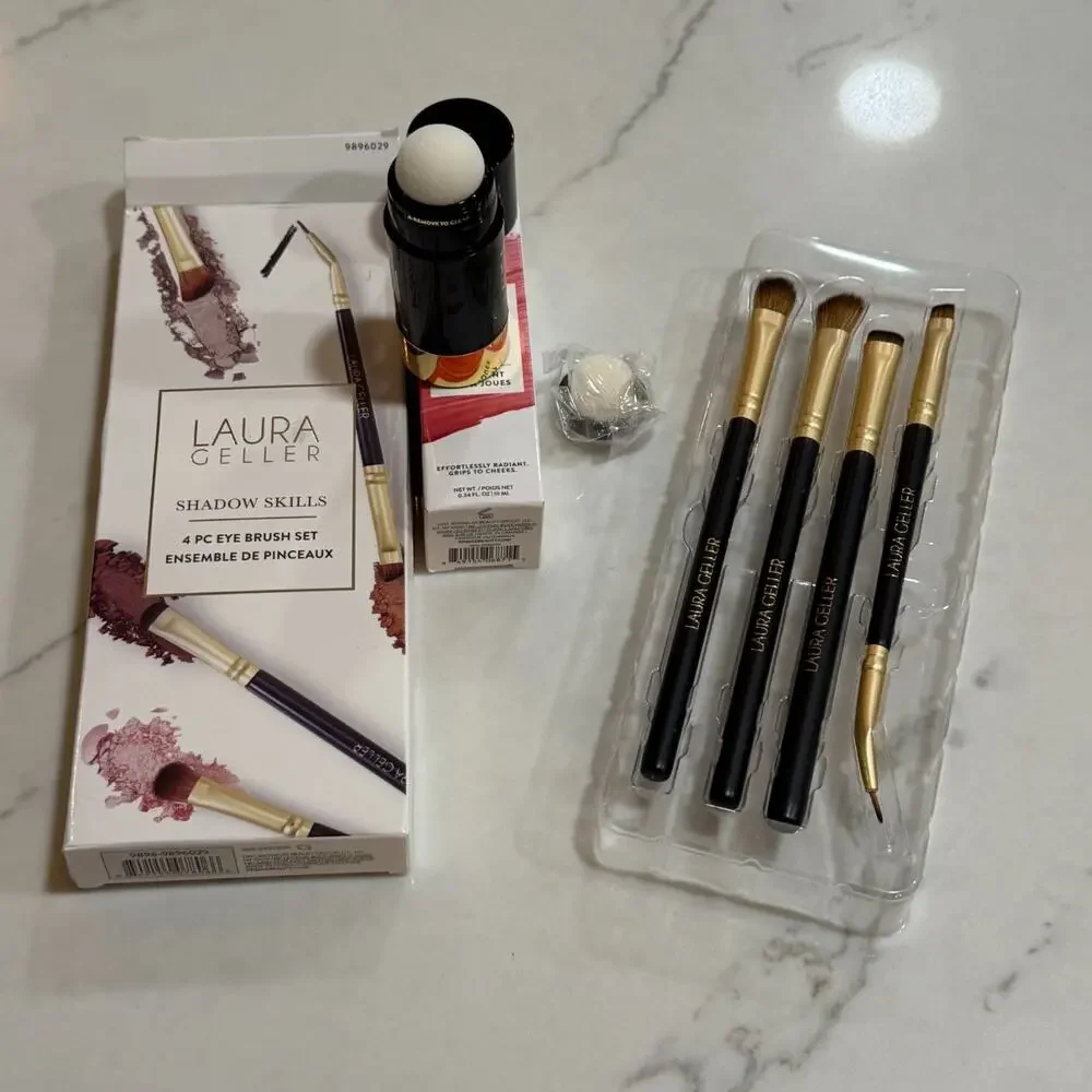 Laura Geller Makeup Bundle Shadow Skills 4pc Eye Brush Set + Serum Blush New Box